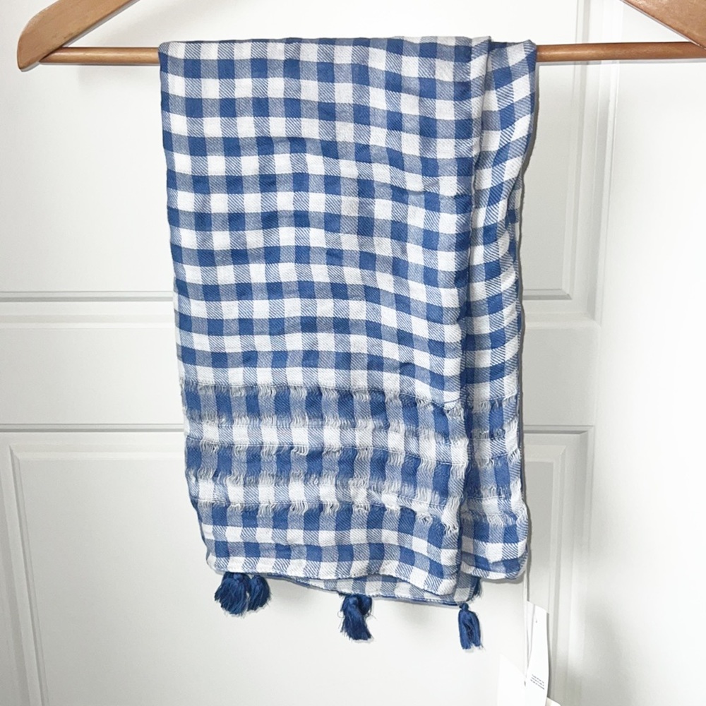 LOFT Blue and White Gingham Tassel Scarf